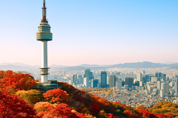 南山タワー展望台の手前から望む紅葉に彩られたソウル市街の風景。秋空の下、都市と自然が調和するフォトジェニックな眺望。