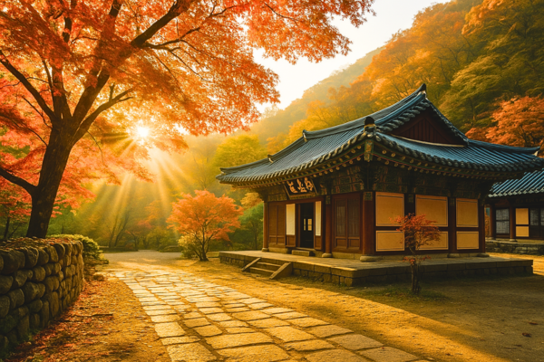 秋の朝日が差し込む全羅北道・松鶴寺の静寂な境内