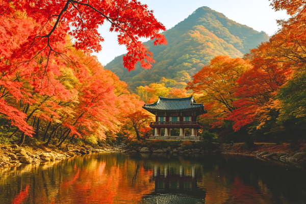 全羅北道の内蔵山で紅葉が見頃を迎え、山裾の伝統的な韓屋と色づいた木々が映える秋の風景