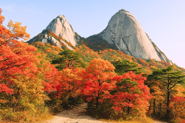 秋の北漢山（プカンサン）で、奇岩と紅葉が織りなす美しい山景を望む風景