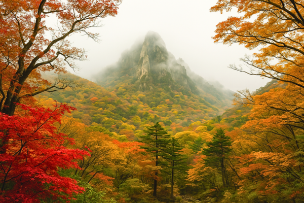 韓国・忠清南道の鶏龍山、紅葉に包まれた神秘的な山道と霧が漂う風景
