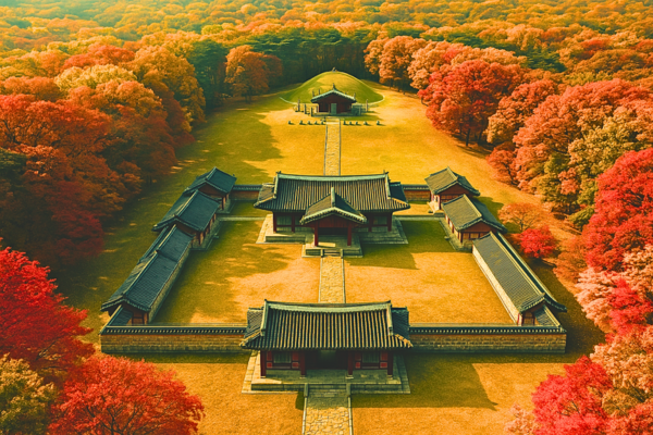 秋の紅葉に包まれた京畿道・東九稜のの陵墓を上空から捉えたパノラマ画像。