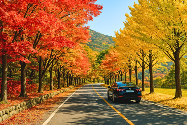 晴れた秋の朝、赤や黄に色づく八公山の並木道を黒のセダンが走り抜ける風景