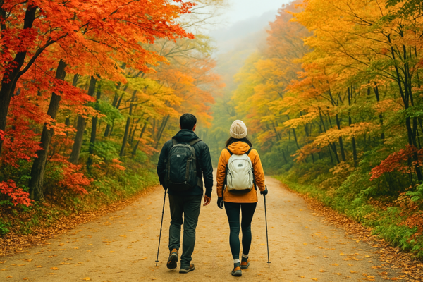秋の霧が立ち込める林道を、スタイリッシュな登山ウェアをまとった夫婦が紅葉の中を並んで歩く後ろ姿