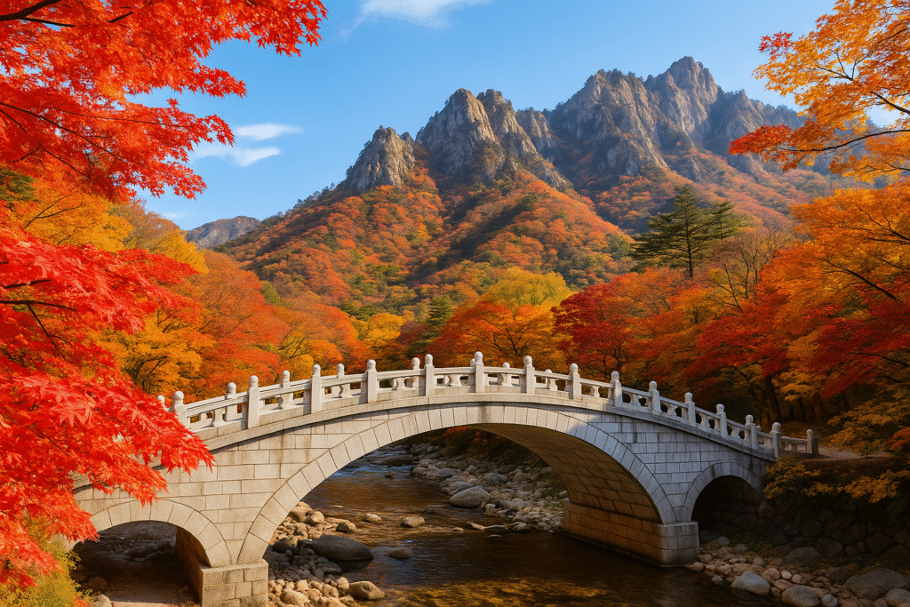 渓谷にかかった石の橋の彼方にそびえる雪岳山を眺める秋の紅葉の山中