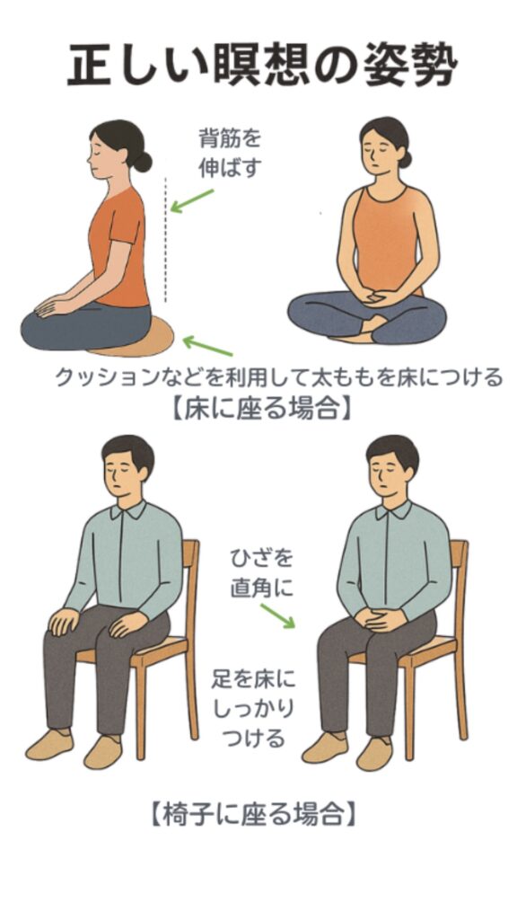alt="正しい瞑想の姿勢:床に座る場合と椅子に座る場合のイラスト付きガイド"