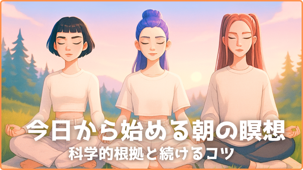 朝日が昇る草原で3人の女性が瞑想をしているイラスト。リラックスした表情で座禅を組み、心を整える朝の習慣を表現したアートワーク。K-POP風のスタイルで描かれ、癒しと映えを兼ね備えた世界観。