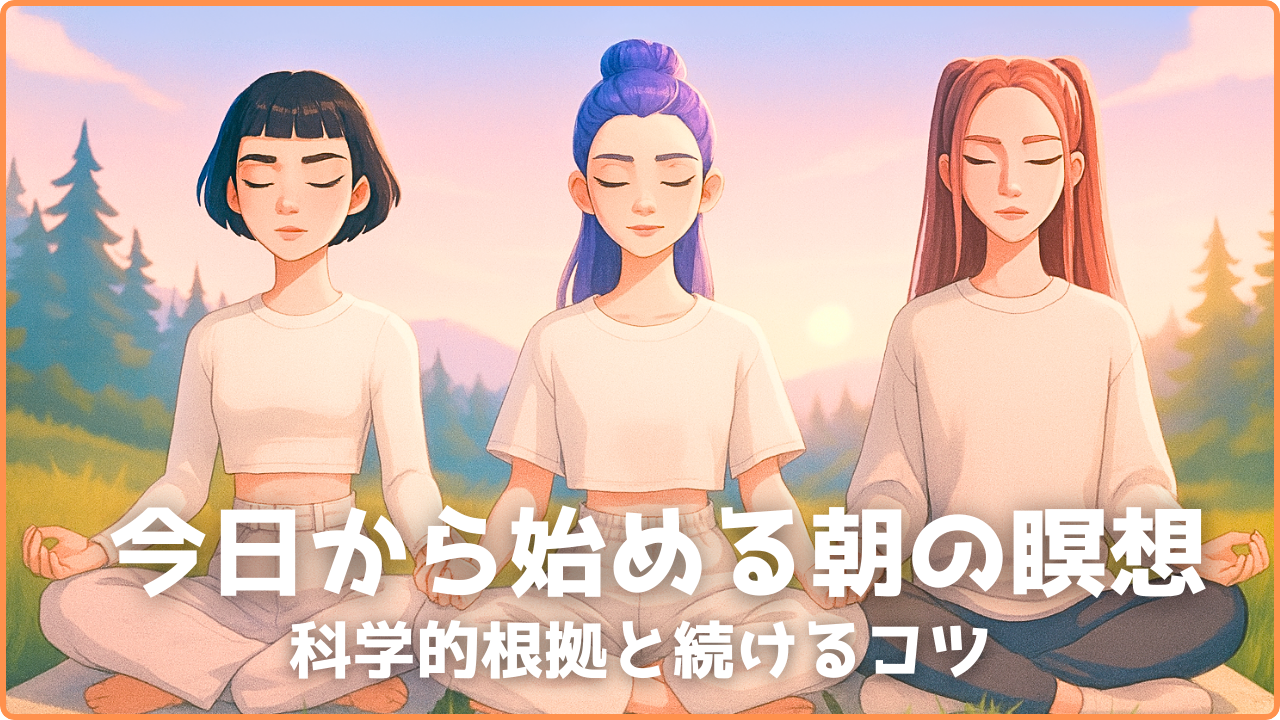朝日が昇る草原で3人の女性が瞑想をしているイラスト。リラックスした表情で座禅を組み、心を整える朝の習慣を表現したアートワーク。K-POP風のスタイルで描かれ、癒しと映えを兼ね備えた世界観。