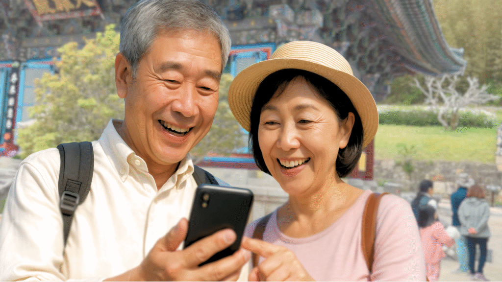 韓国の観光地を背景に、スマートフォンを操作しながら笑顔を見せる中高年夫婦。ローミングで安心して旅行を楽しむ様子。