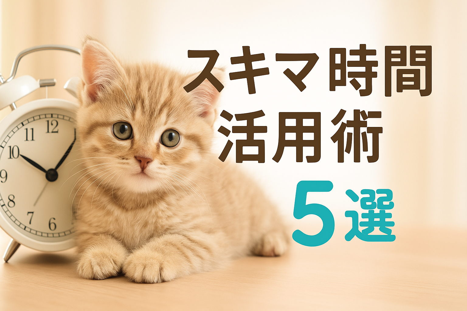 時計と済まし顔の子猫が配置されたスキマ時間活用術のアイキャッチ