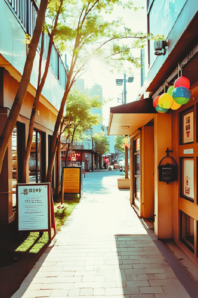 alt="弘大・延南洞エリアのカフェ通りをイメージした画像。午前の光が差し込み、開放的でおしゃれな雰囲気。"