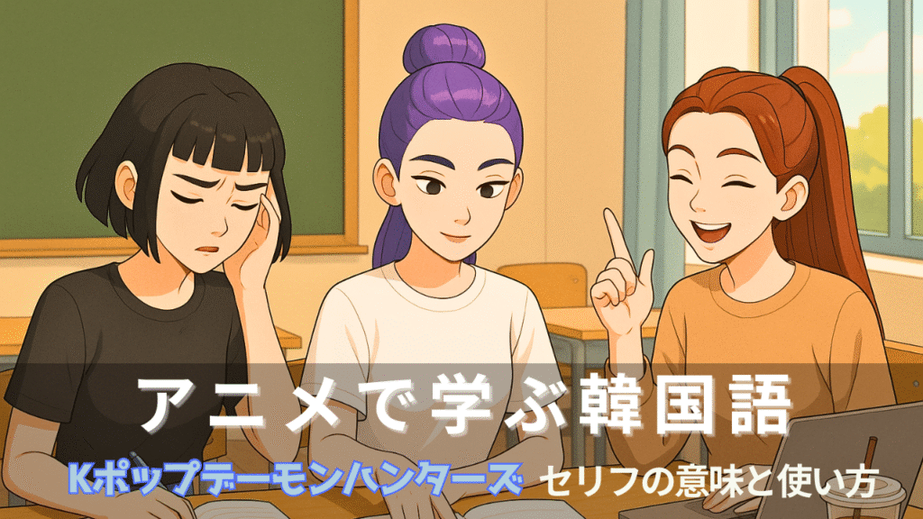 教室で語り合いながら韓国語を勉強している女子3人組とアニメで学ぶ韓国語のタイトルが入ったアイキャッチ画像