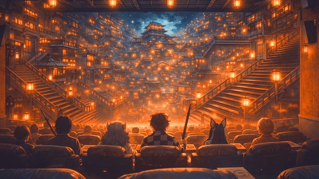 映画館の客席とスクリーンが和風建築の無限に続く城の空間と融合し、観客が異世界に没入しているイメージ
