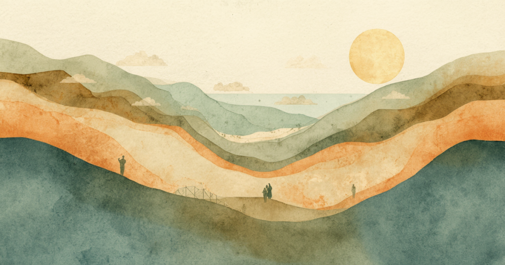 鎌倉の山々に囲まれた谷と、その奥に広がる海を描いた水彩画風の風景。地形が大きな器のように重なり、人が静かに佇んでいる。