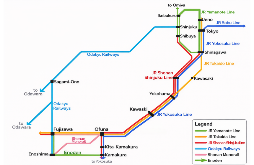 東京から鎌倉・江の島方面までの主要鉄道路線をすべて英語で示した路線図。JR山手線、JR東海道線、JR横須賀線、JR湘南新宿ライン、小田急線、江ノ電、湘南モノレールの接続関係と、大船・藤沢・鎌倉・江ノ島などの主要駅が分かる構成になっている。