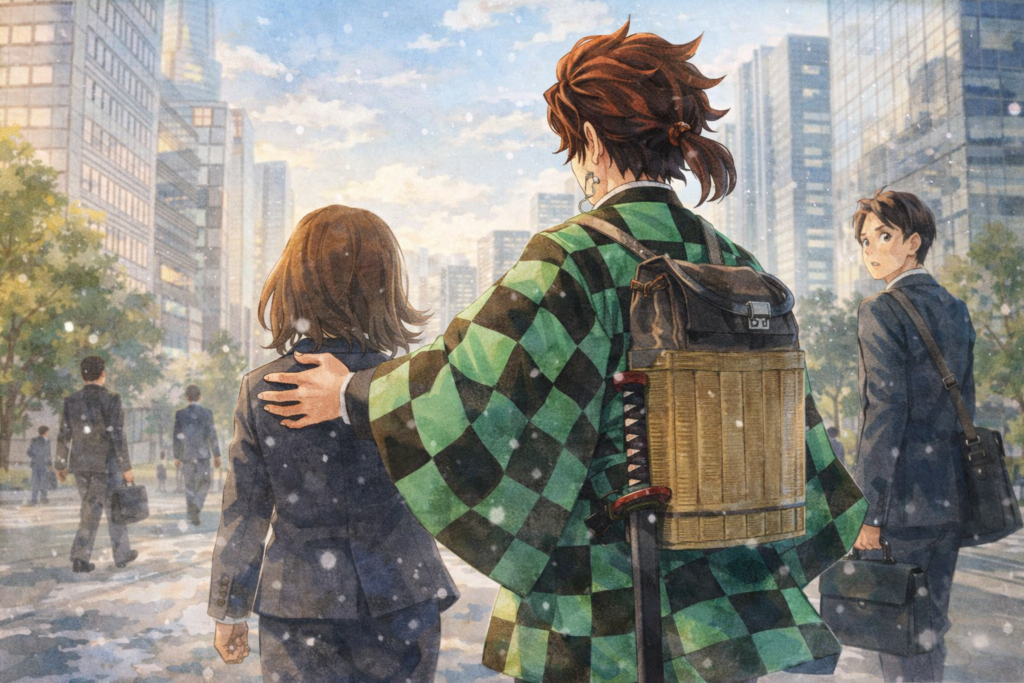 現代のオフィス街で、人を気遣うように寄り添う竈門炭治郎の斜め後ろ姿。顔は見せず、守るような立ち姿から明るく誠実な人柄が伝わるイメージ。