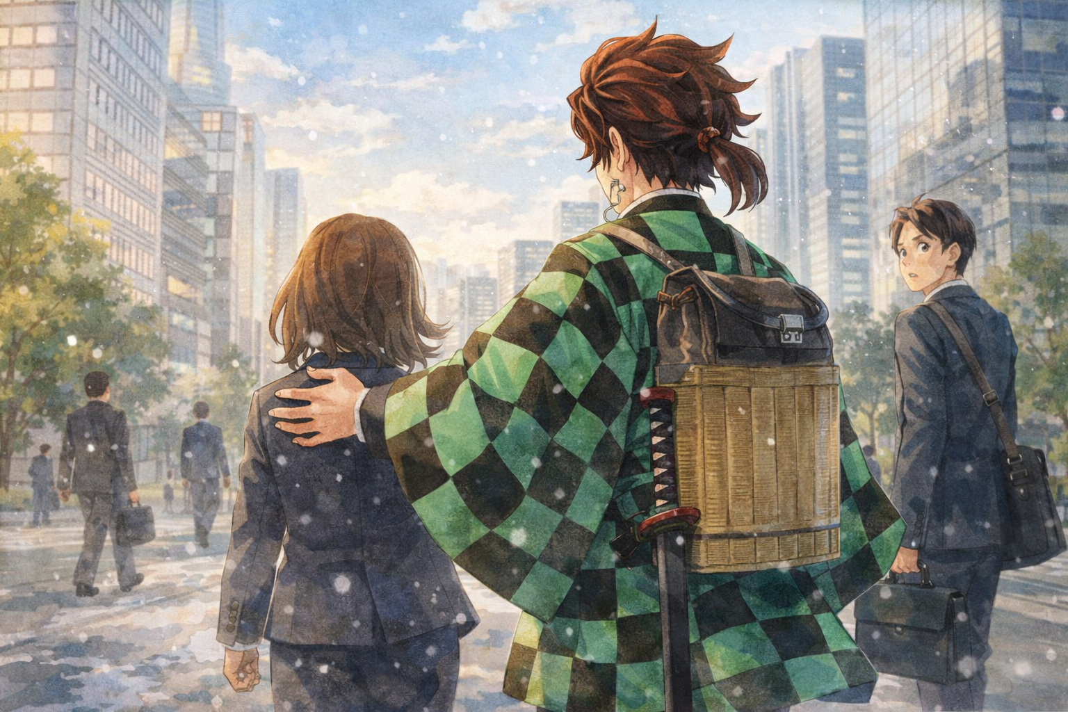 現代のオフィス街で、人を気遣うように寄り添う竈門炭治郎の斜め後ろ姿。顔は見せず、守るような立ち姿から明るく誠実な人柄が伝わるイメージ。