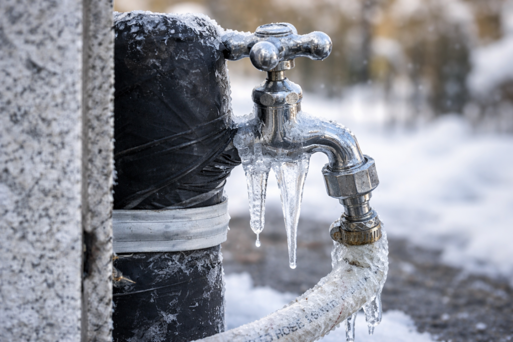 冬の寒波で水が凍結した屋外の蛇口。配管とホースに氷が付着し、水道が使用できない状態をイメージ。
